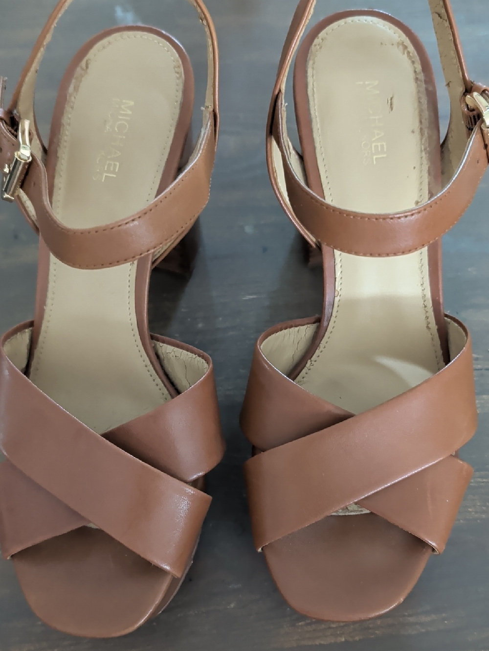 Michael Kors Tan Crisscross Leather Block Heel Sandals